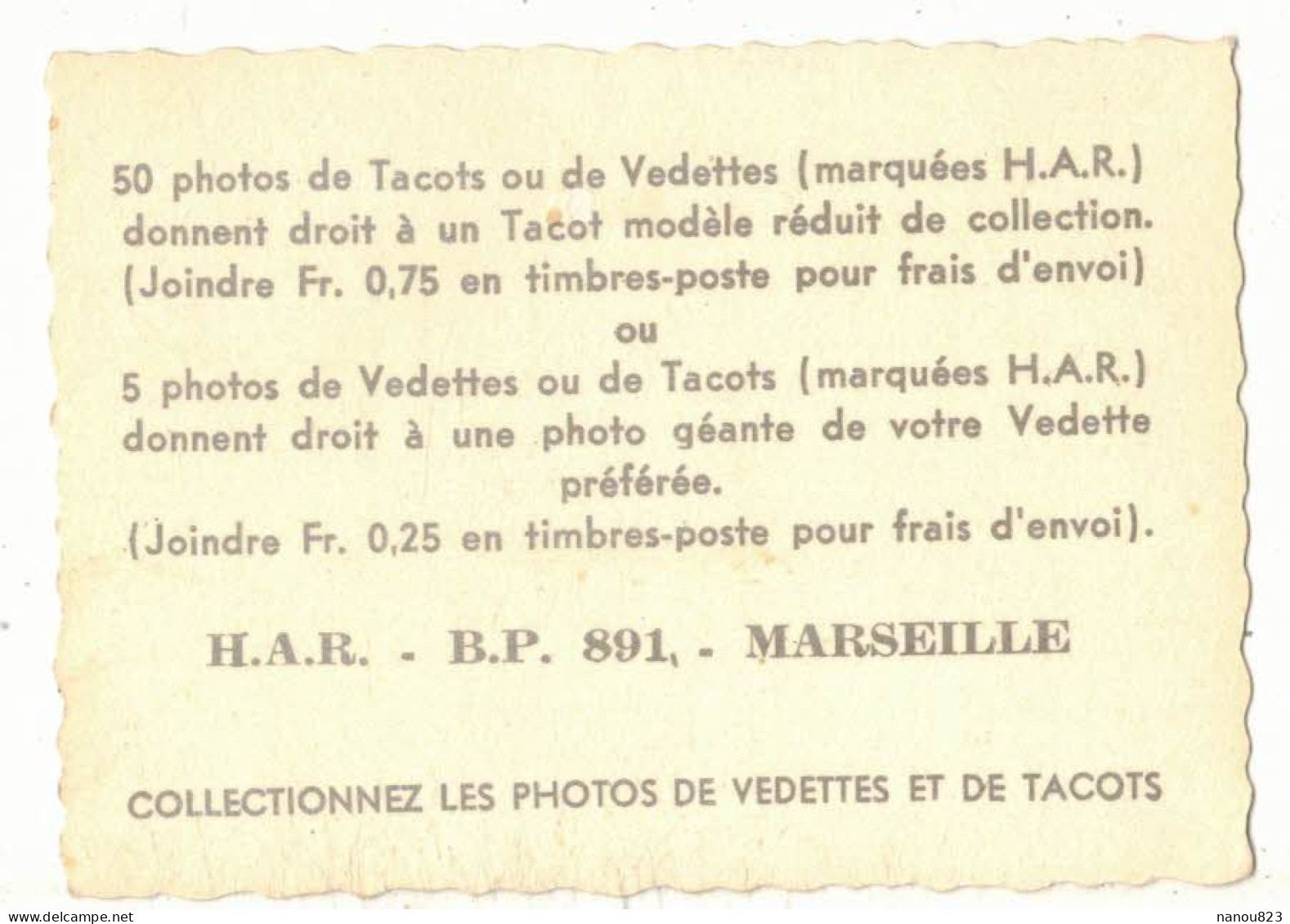 CHROMO PHOTO SEMI CARTONNEE H.A.R.PUBLISTAR MARSEILLE VEDETTE DISQUE MONTY CELEBRITE SPECTACLE CHANTEUR YEYE ANNEES 60 - Photographs