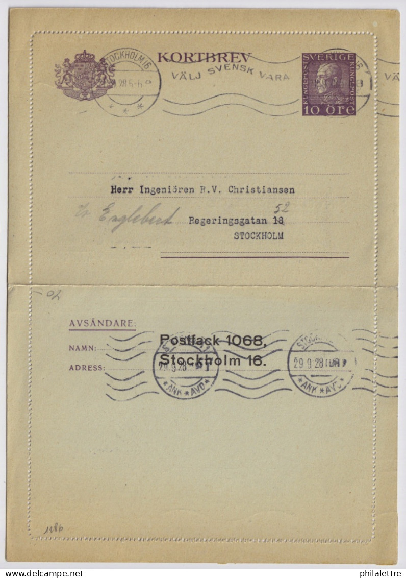 SWEDEN - 1928 Letter-Card Mi.K26.IW (p.12) Complete (border Uncut) Used Locally In STOCKHOLM (Bank Form) - Lettres & Documents