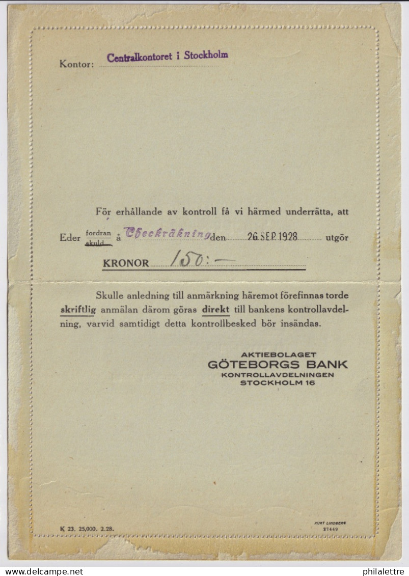 SWEDEN - 1928 Letter-Card Mi.K26.IW (p.12) Complete (border Uncut) Used Locally In STOCKHOLM (Bank Form) - Briefe U. Dokumente