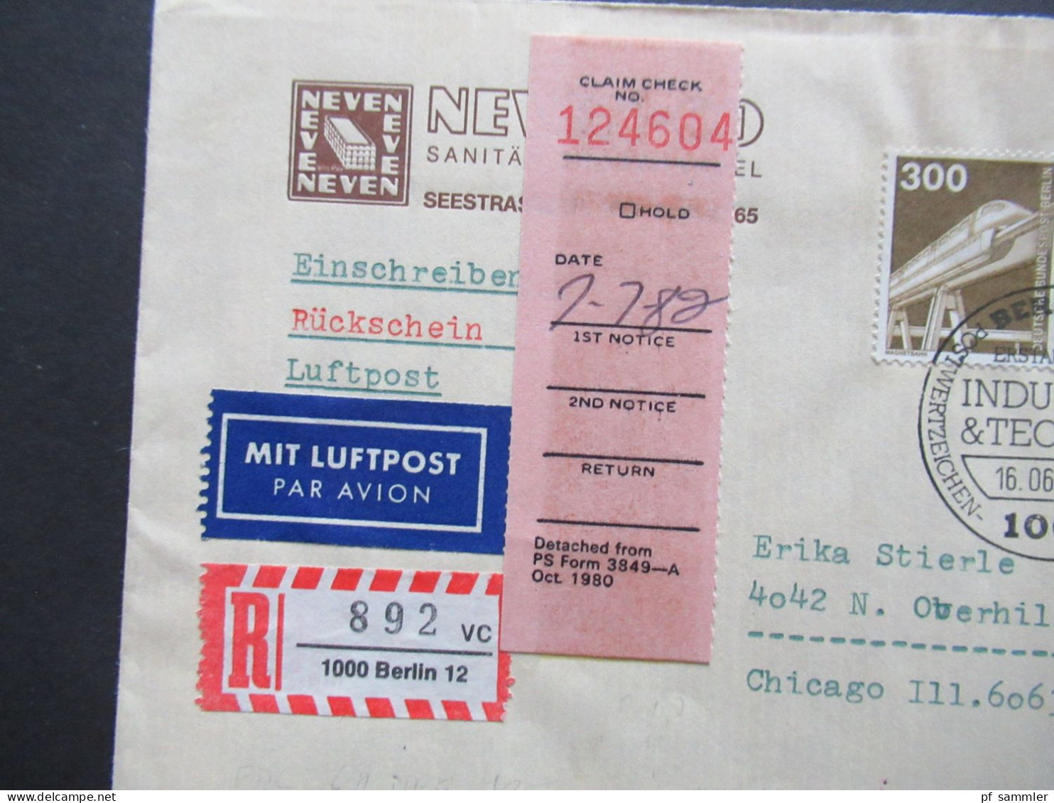 Berlin (West) Nr.672 (2) MeF Auslandsbrief Einschreiben Rückschein Mit Luftpost Berlin - Chicago USA! Tolle Portostufe!! - Cartas & Documentos