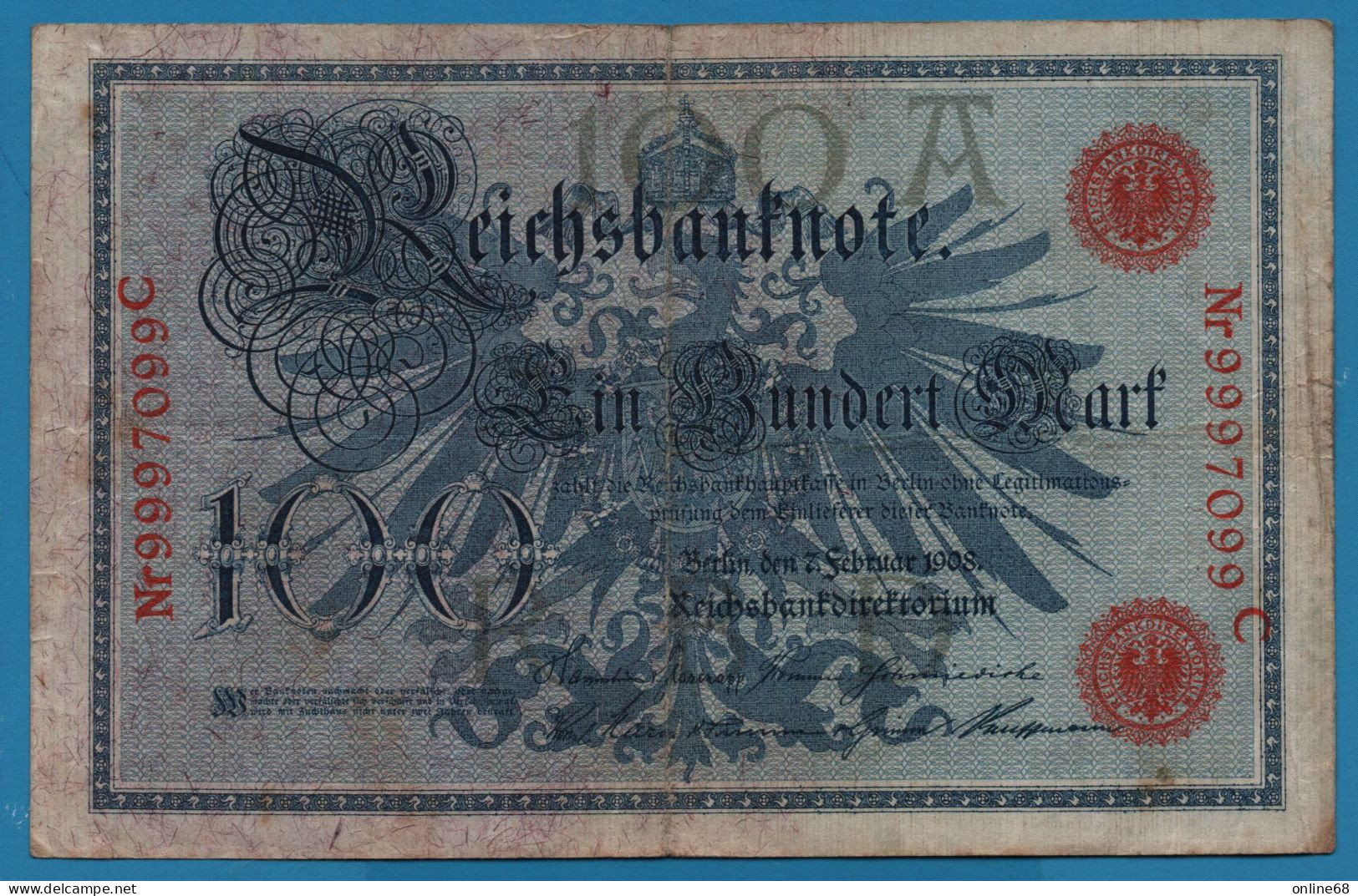 DEUTSCHES REICH 100 MARK 07.02.1908 # 9997099C P# 33a Reichsbank 100A - 100 Mark