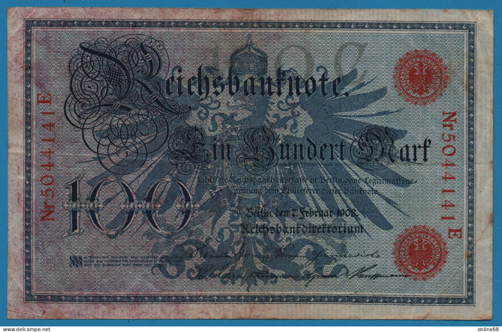 DEUTSCHES REICH 100 MARK 07.02.1908 # 5044141E P# 33a Reichsbank 100C - 100 Mark