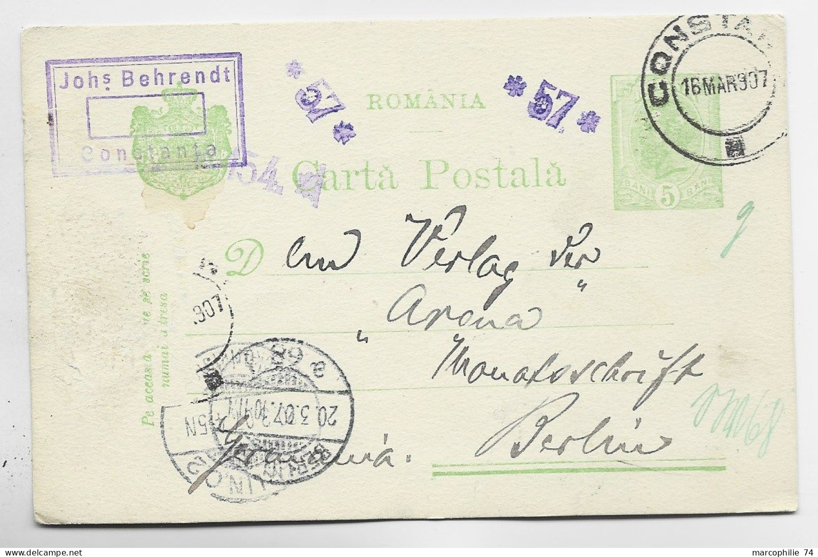 ROMANIA ROUMANIE 5 BANI CARTA POSTALA CONSTAN 16 MAR 1937 TO GERMANY - Brieven En Documenten