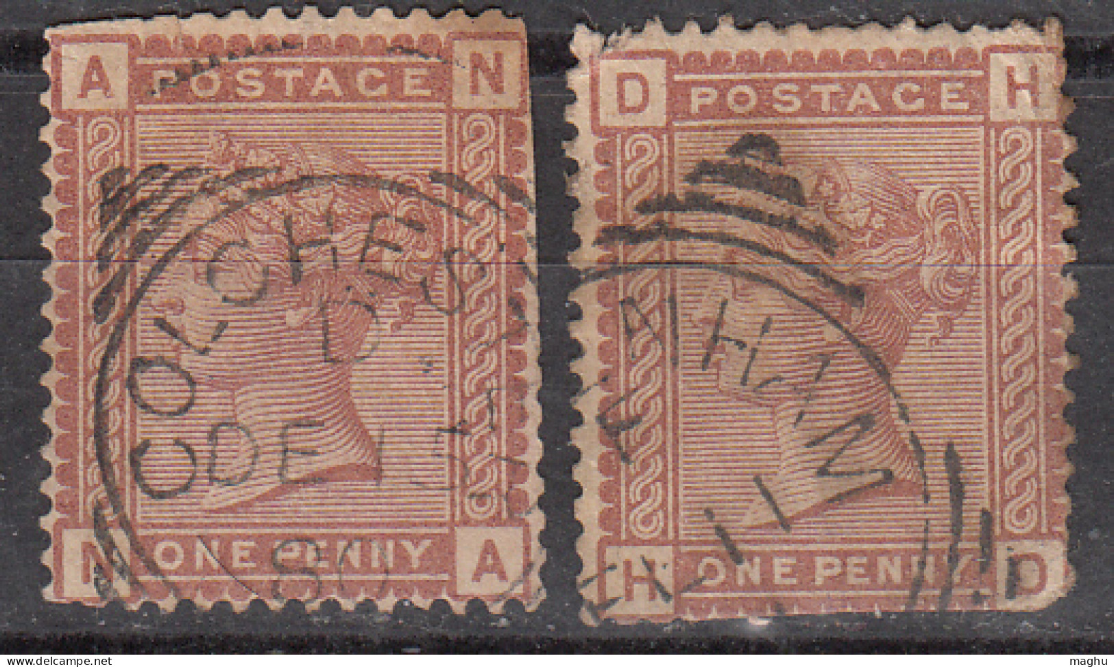 1d X 2 Used  QV, Great Britain, 1880, (cond., Both Perf., Damage) - Service