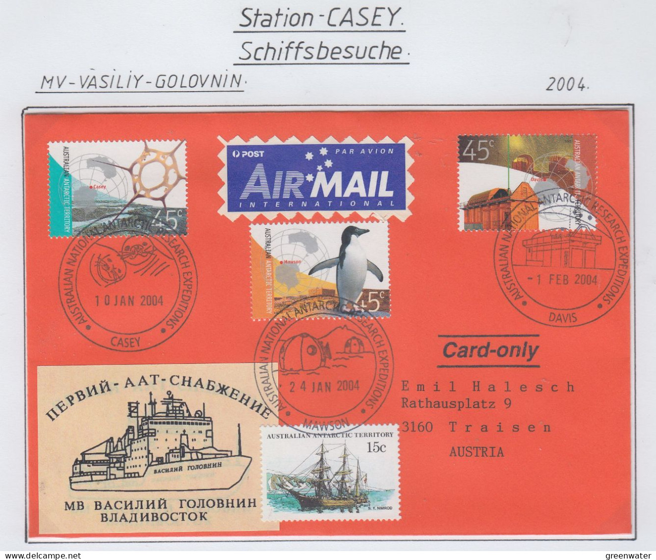 AAT  Ship Visit MS Vasiliy Golovnin Ca Casey 1 FEB 2004 (CS163) - Lettres & Documents