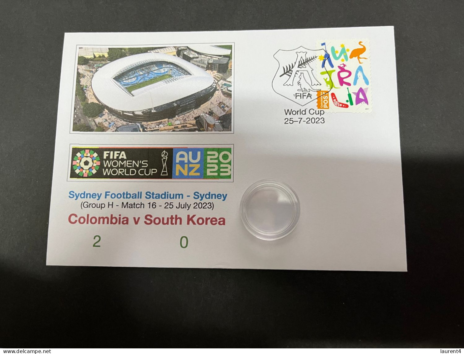 25-7-2023 (3 S 44) FIFA Women's Football World Cup Match 16 (stamp + Coin) Colombia (2) V South Korea (0) - 2 Dollars