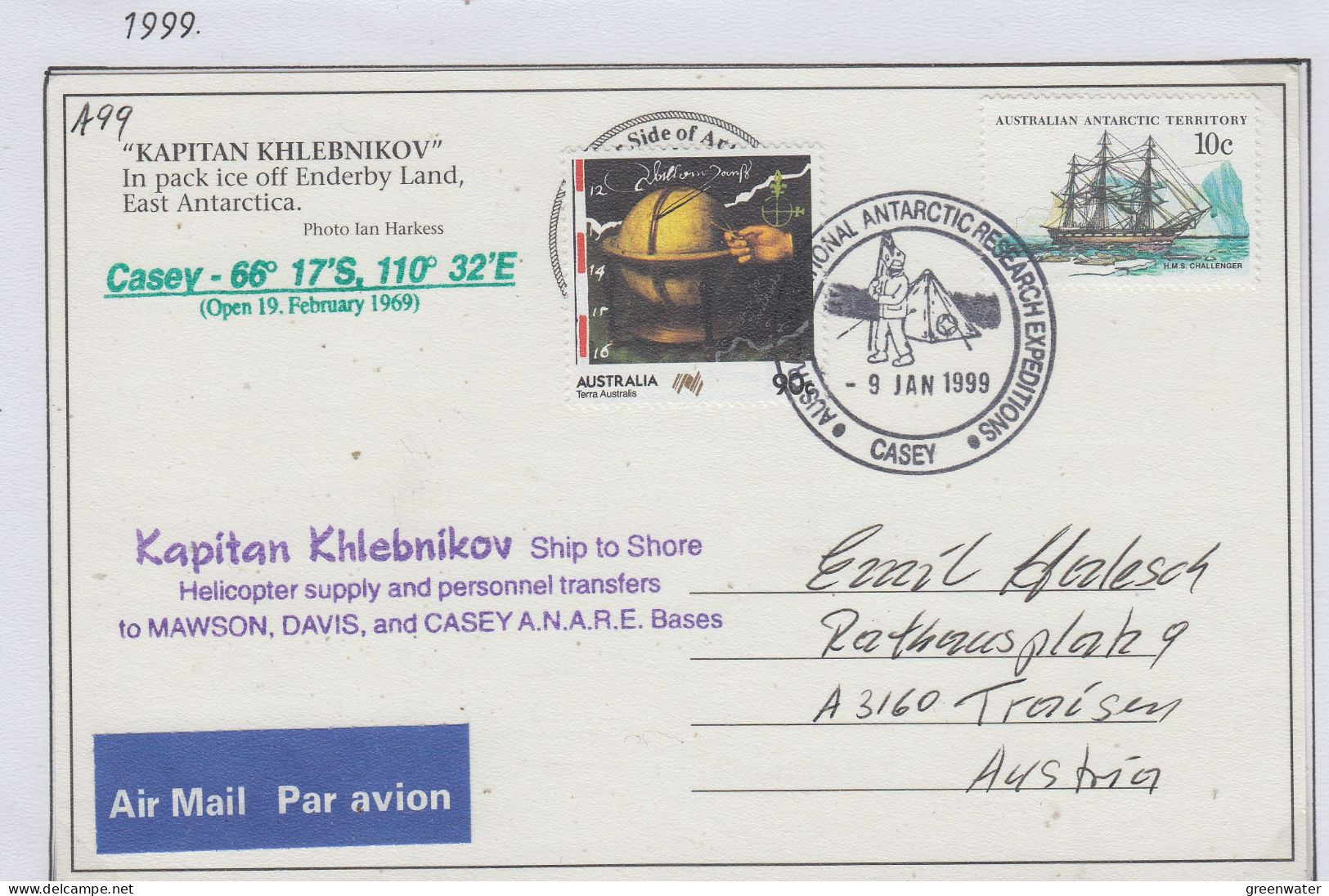 AAT  Postcard Ship Visit MS Kapitan Khlebnikov  Ca Casey 9 JAN 1999 (CS164A) - Lettres & Documents