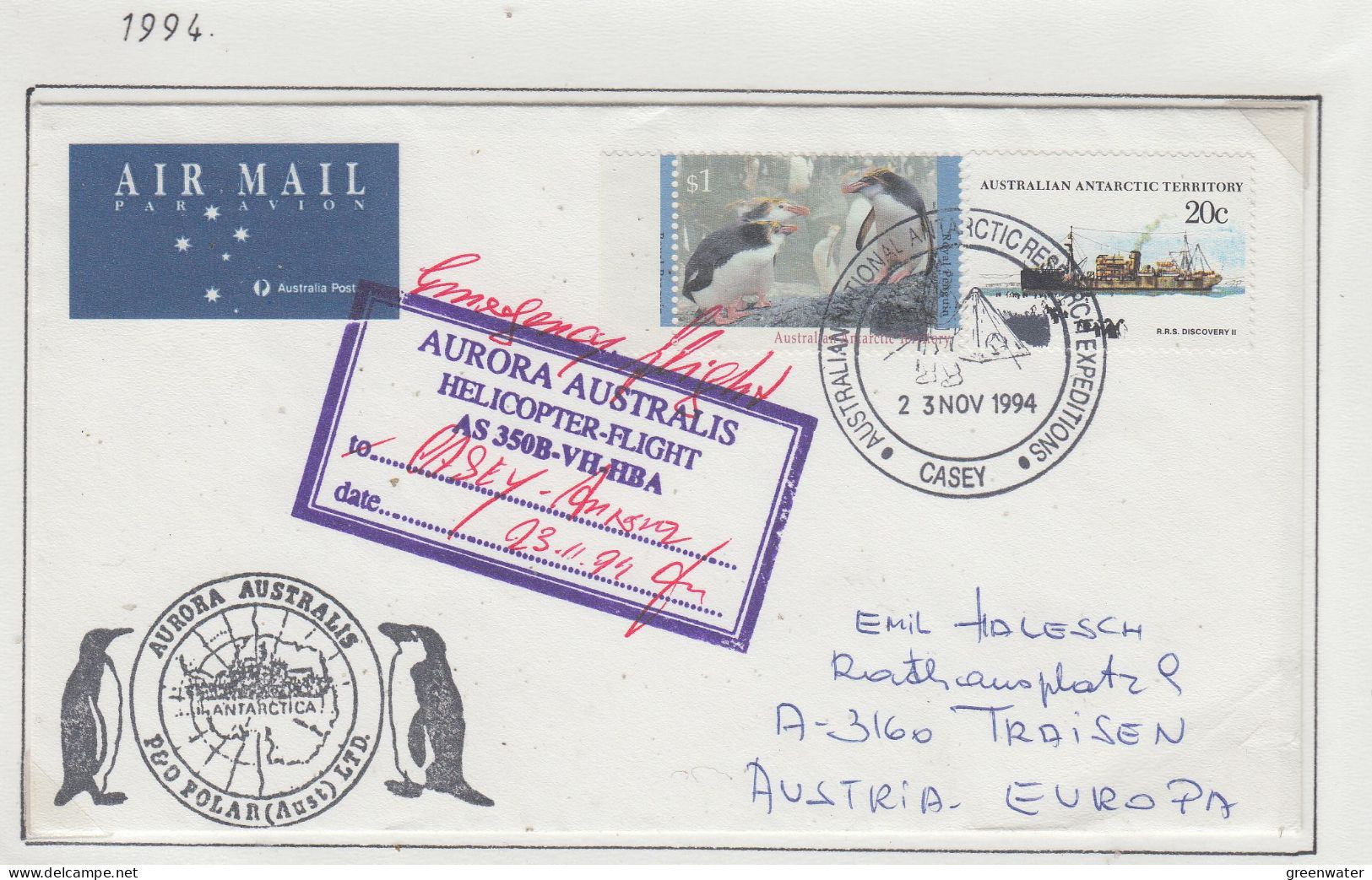 AAT  Heli Flight From Casey To Aurora Australis 23.11.1994 Ca Casey 23 Nov 1991 (CS167B) - Lettres & Documents