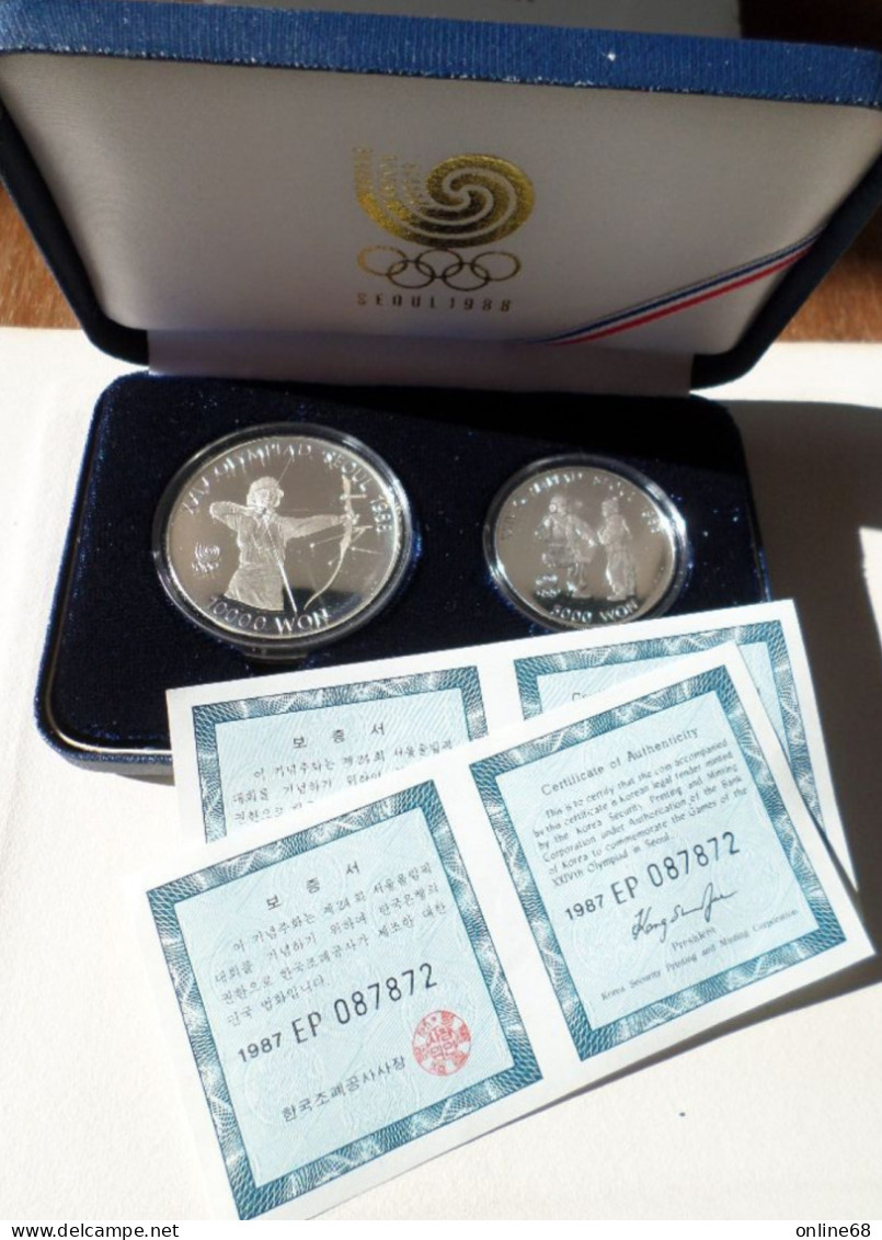 KOREA SOUTH 5000 + 10000 WON 1987 XXIV OLYMPIAD SEOUL 1988 Argent 925‰ Silver EN COFFRET BE PROOF Archer Chegi-Kicking - Corée Du Sud