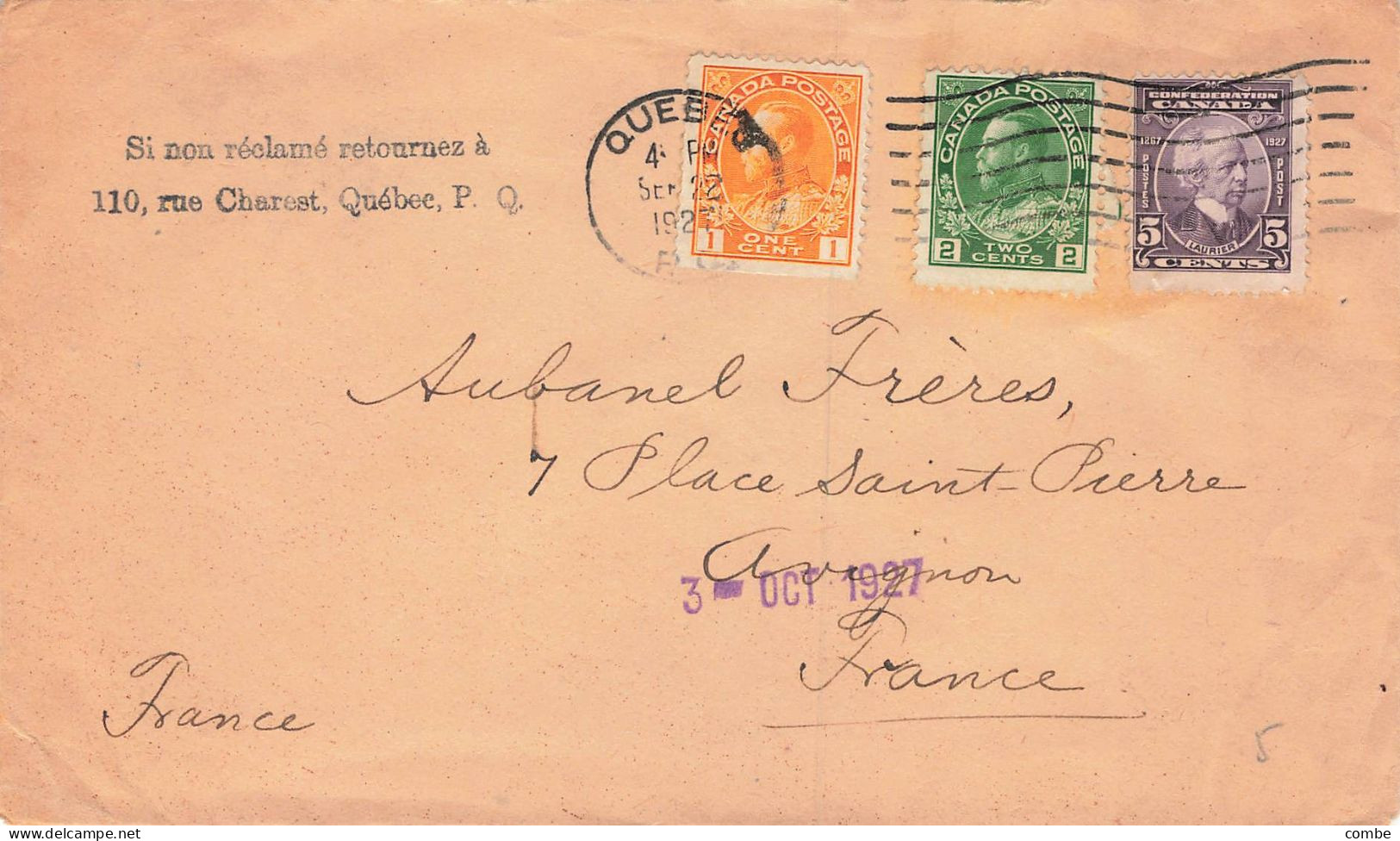 LETTRE. COVER.  1927. QUEBEC TO FRANCE - Covers & Documents