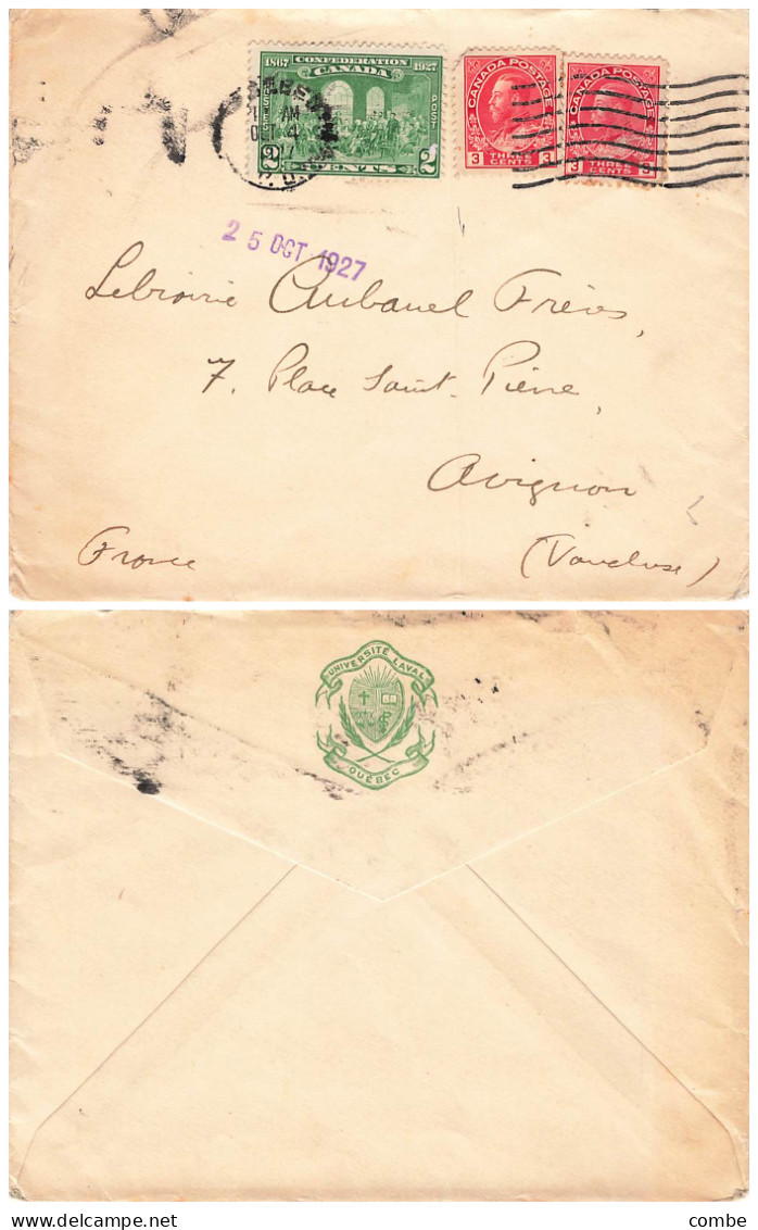 LETTRE. COVER.  1927. QUEBEC UNIVERSITE LAVAL TO FRANCE - Lettres & Documents