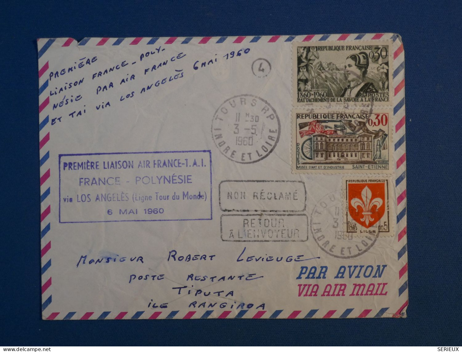 BW15 FRANCE  BELLE LETTRE RARE 1950 1ER VOL  TOURS FRANCE  POLYNESIE TAHITI  RANGIROA  TIPUTA +++AFF.PLAISANT++ - 1927-1959 Briefe & Dokumente