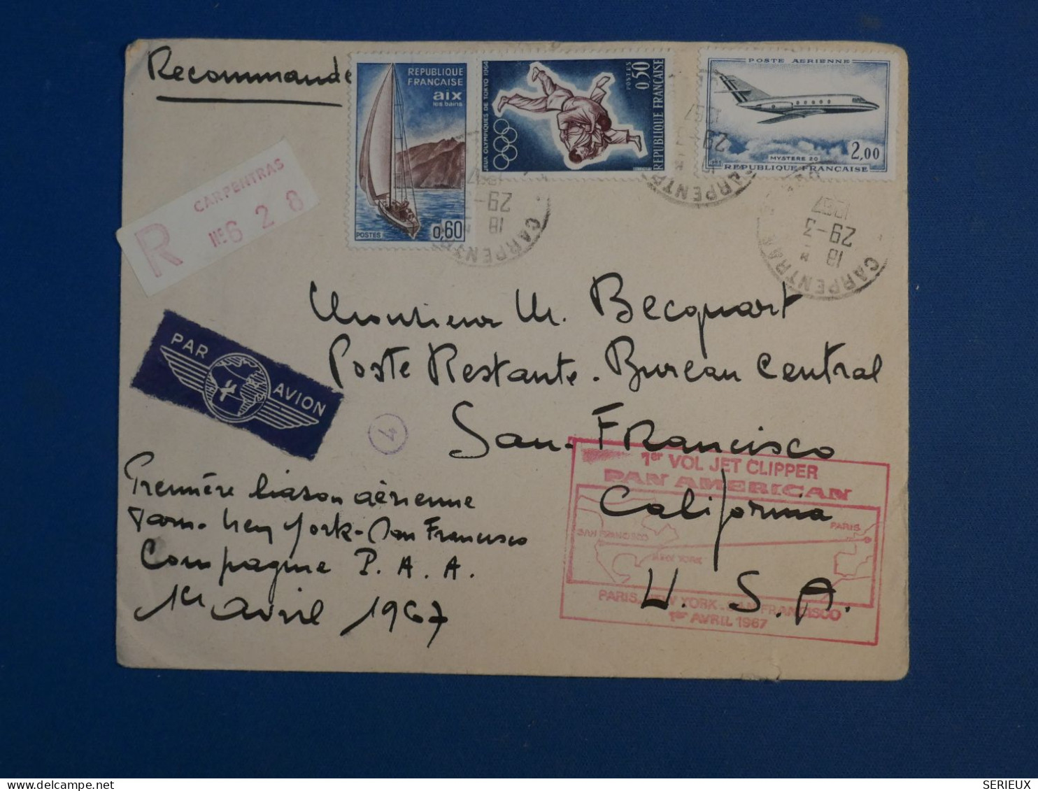 BW15 FRANCE  BELLE LETTRE RECO  1ER AVRIL1967 1ER VOL  CLIPPER A SAN FRANCISCO  USA   +++AFF.PLAISANT++ - 1927-1959 Covers & Documents