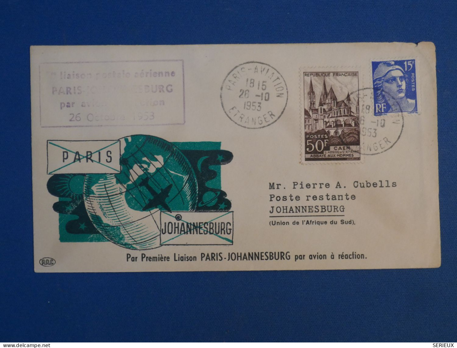BW15 FRANCE  BELLE LETTRE 1953 1ER VOL PARIS   A JOHANNESBURG  +++AFF.PLAISANT++ - 1927-1959 Briefe & Dokumente