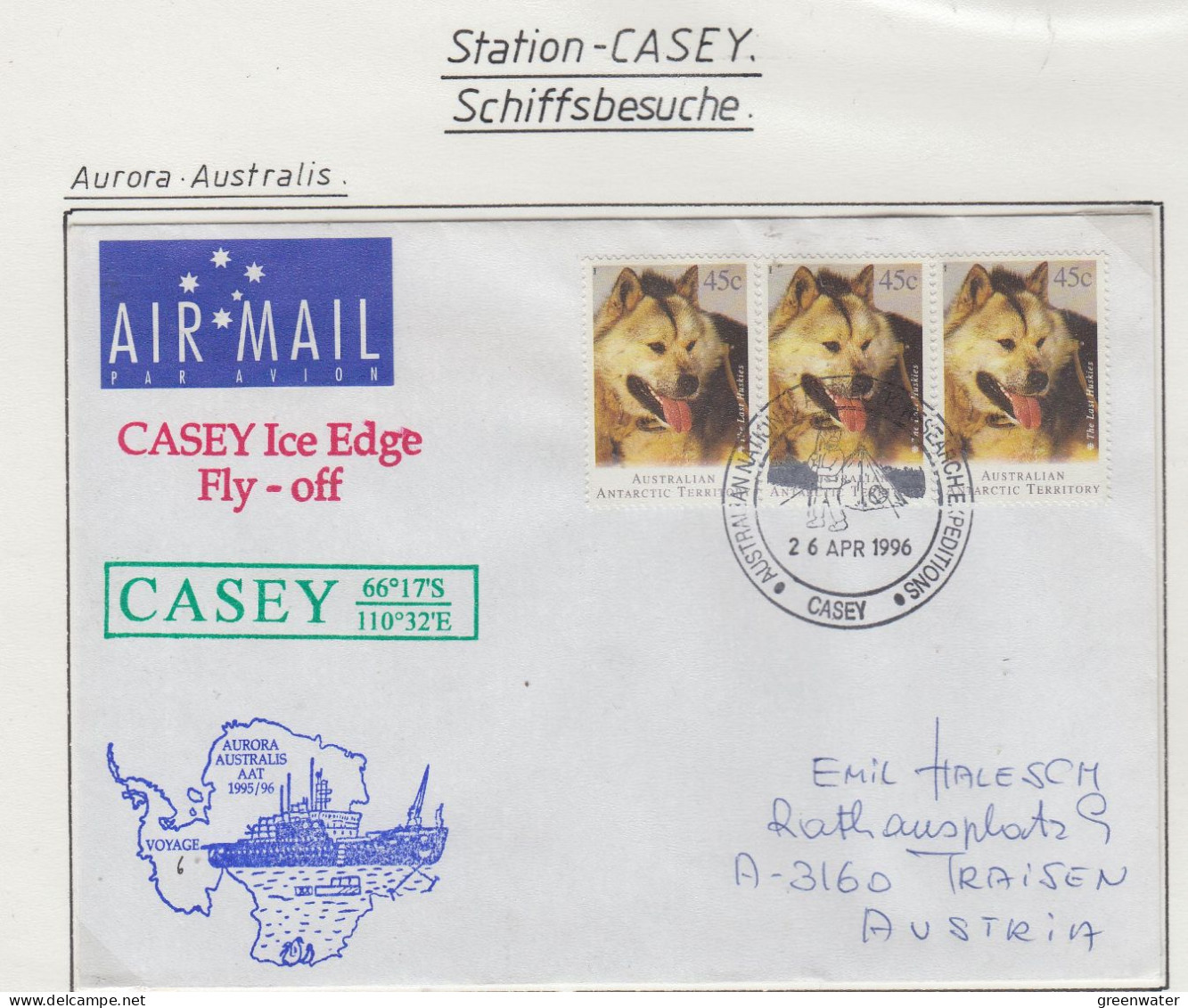 AAT  Ship Visit Aurora Australis "Casey Ice Edge Fly-off"  Ca Casey 26 APR 1996 (CS170) - Lettres & Documents