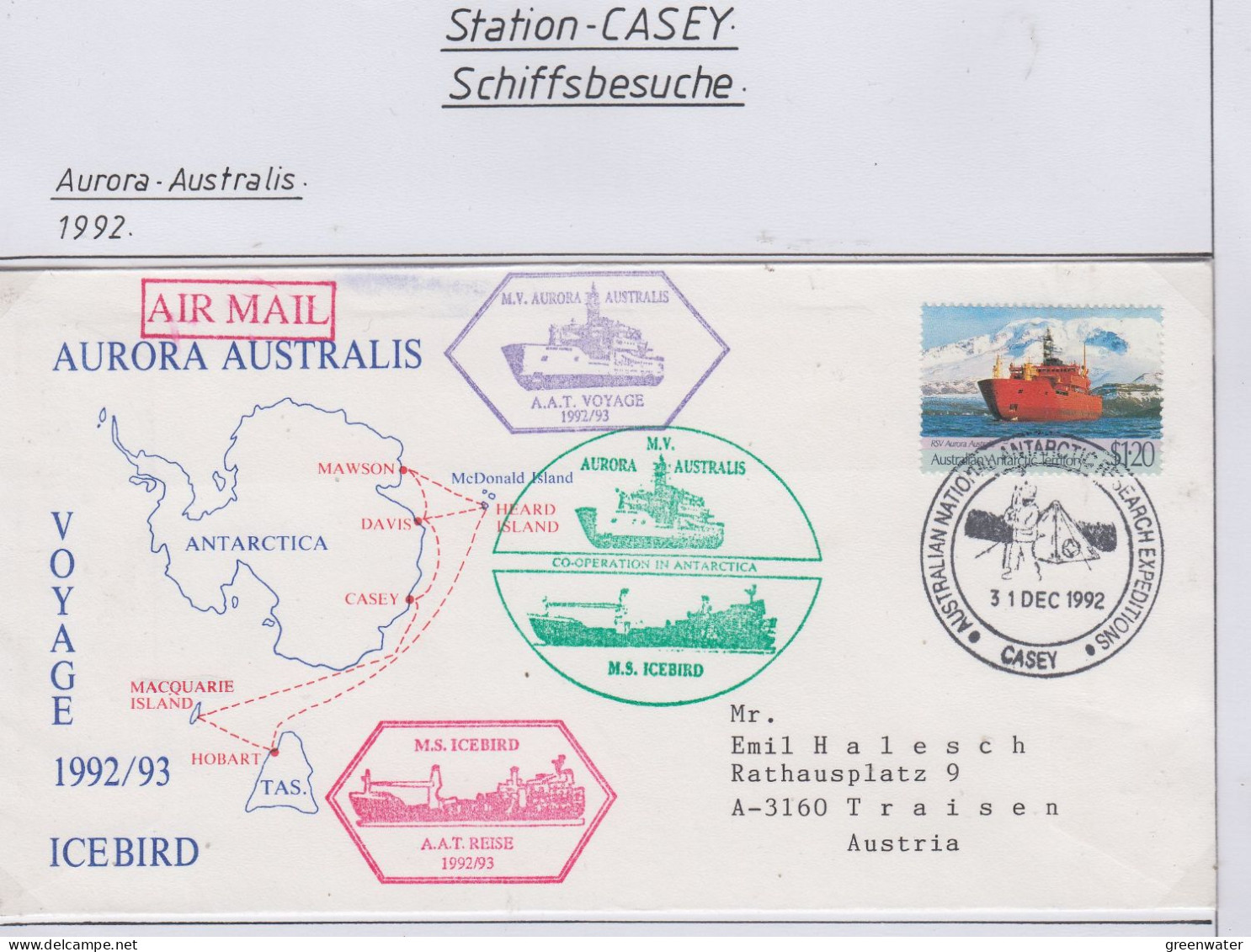 AAT  Ship Visit Aurora Australis / Icebird  Ca Casey 31 DEC 1992 (CS171) - Covers & Documents