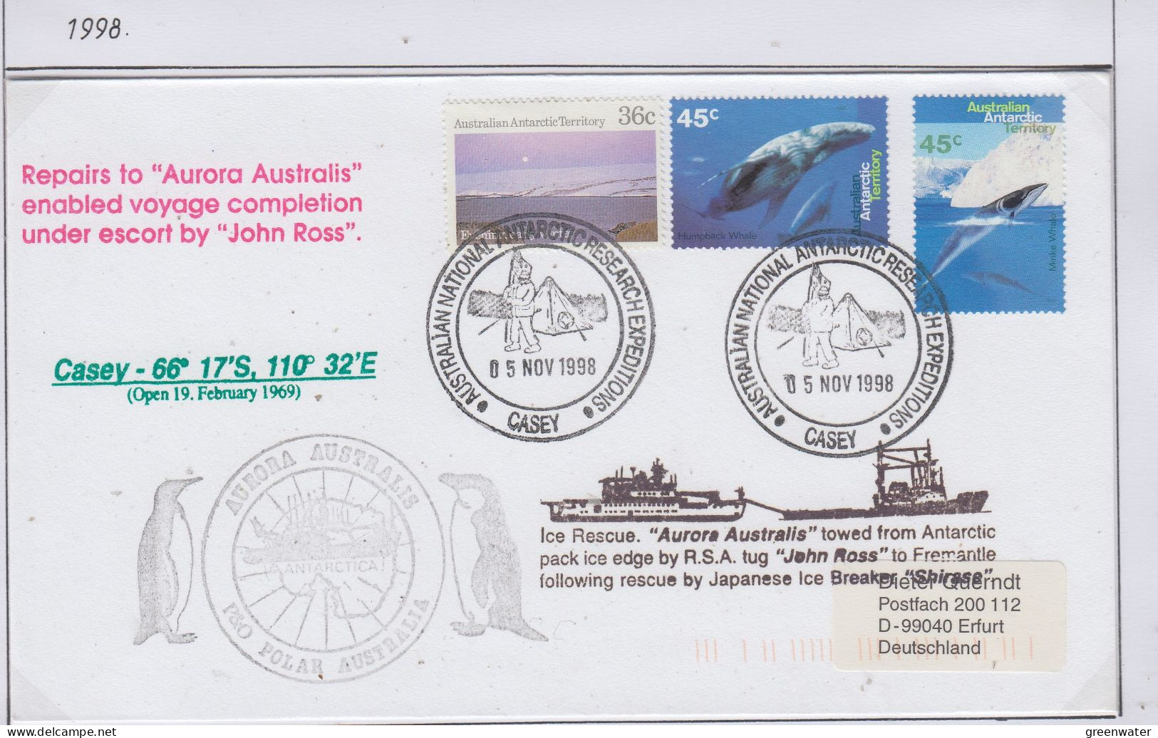 AAT  Ship Visit Aurora Australis "Repairs/Escort By John Ross" Ca Casey 5 NOV 1998 (CS171A) - Covers & Documents