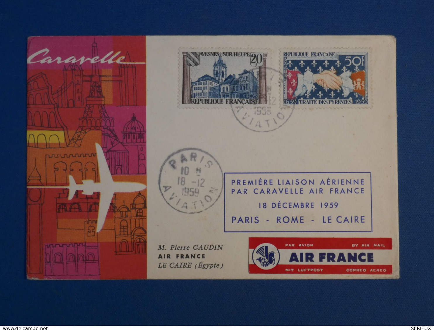 BW15 FRANCE  BELLE LETTRE 1959 1ER VOL  PARIS  LE CAIRE EGYPTE   +AIR FRANCE  +AFF.PLAISANT++ - First Flight Covers
