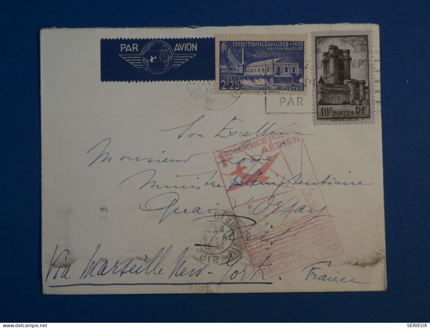 BW15 FRANCE  BELLE LETTRE 1939 1ER VOL   MARSEILLE A NEW YORK USA   +AFF.PLAISANT++ - First Flight Covers