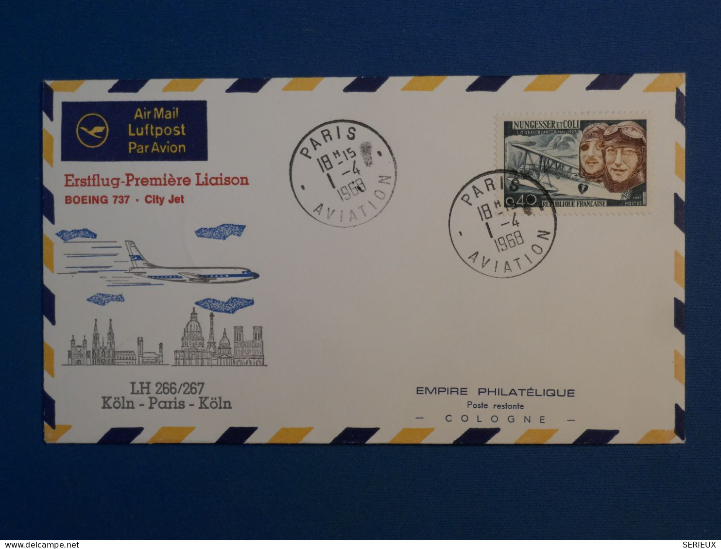 BW15 FRANCE  BELLE LETTRE 1968 1ER VOL   PARIS KOLN  +BOEING +AFF.PLAISANT++ - First Flight Covers