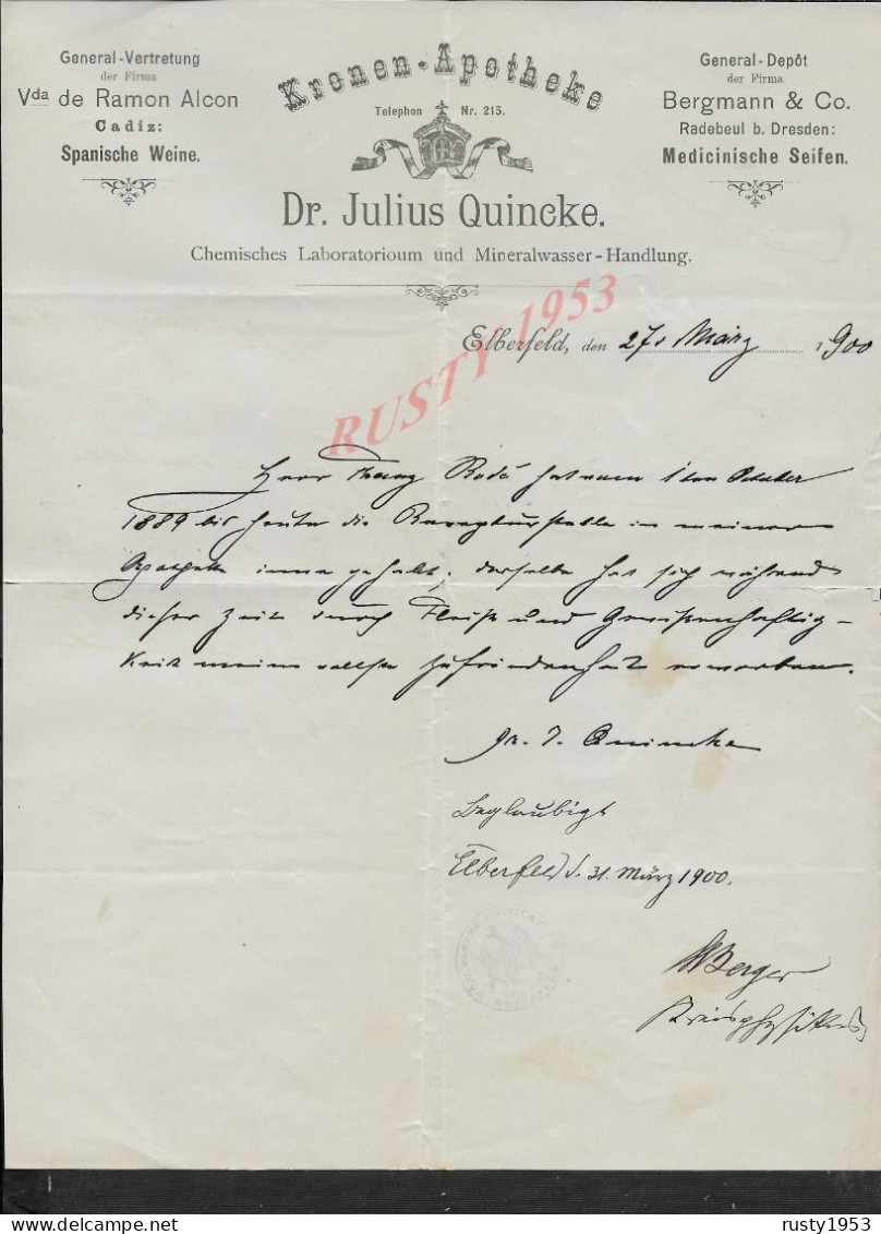 ALLEMAGNE LETTRE COMMERCIALE AVEC EN TÊTE 1900 DE Dr JULIUS QUINCKE PHARMACIE DE LA COURONNE À ELBERFELD : - 1900 – 1949