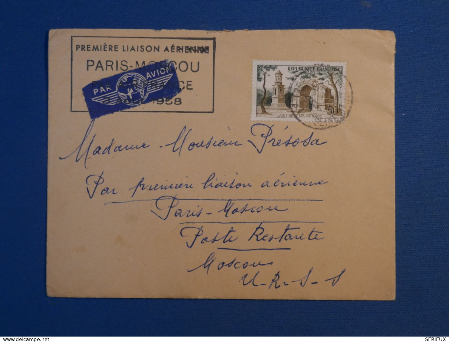 BW15 FRANCE  BELLE LETTRE 1958 1ER VOL   PARIS MOSCOU  URSS +AFF.PLAISANT++ - Erst- U. Sonderflugbriefe