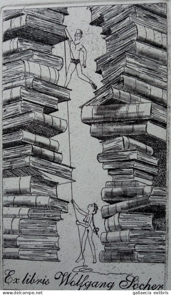 Ex-libris Hans-Otto Mempel, 2007. Femme Nu Livre Escalade. Exlibris Mempel, 2007. Girl Nude Book Climbing - Bookplates