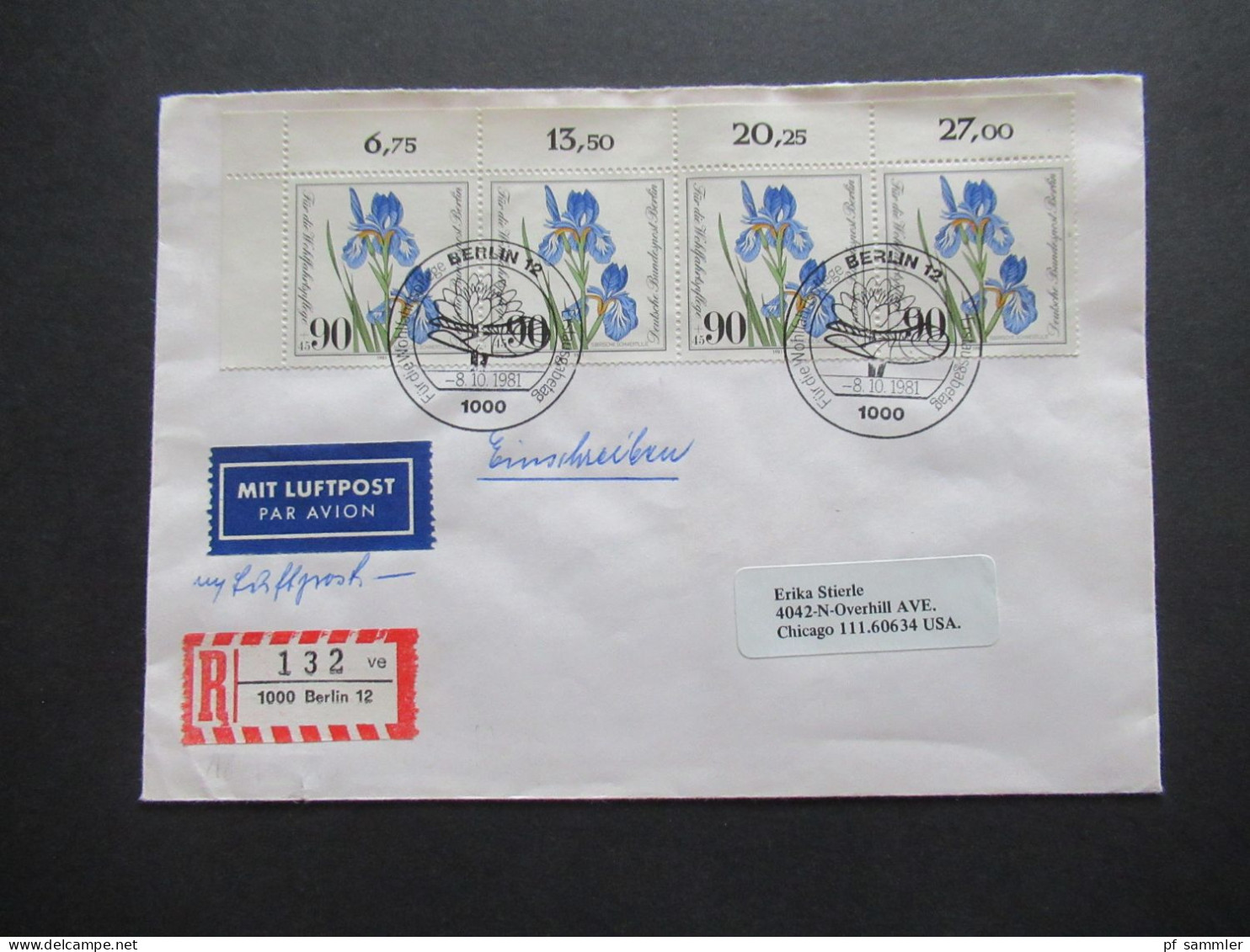 Berlin 1981 Wohlfahrt Nr.653 (4) Als 4er Block Eckrand OL MeF Auslandsbrief Einschreiben Berlin 12 Nach Chicago USA - Storia Postale