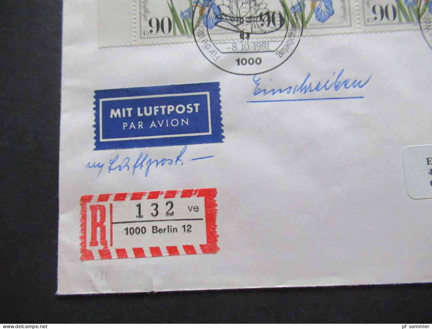 Berlin 1981 Wohlfahrt Nr.653 (4) Als 4er Block Eckrand OL MeF Auslandsbrief Einschreiben Berlin 12 Nach Chicago USA - Covers & Documents