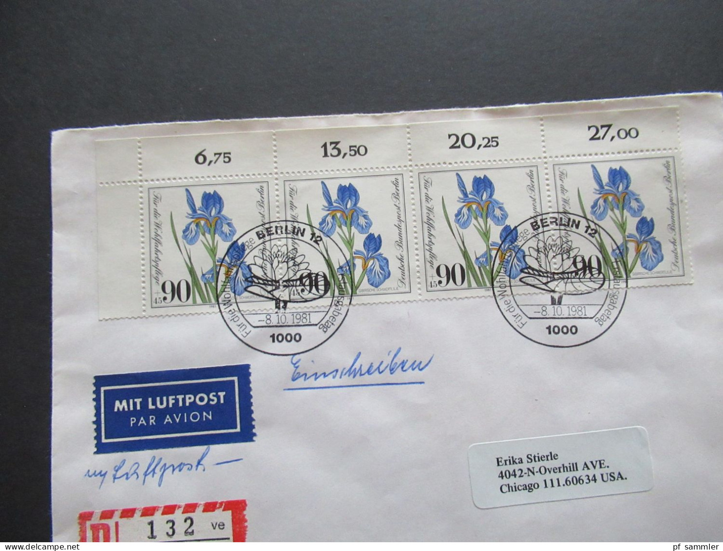 Berlin 1981 Wohlfahrt Nr.653 (4) Als 4er Block Eckrand OL MeF Auslandsbrief Einschreiben Berlin 12 Nach Chicago USA - Covers & Documents