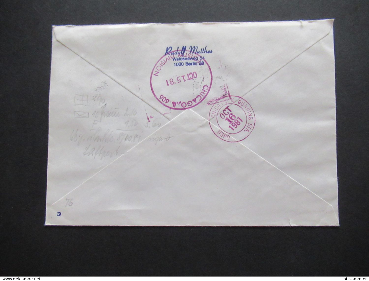 Berlin 1981 Wohlfahrt Nr.653 (4) Als 4er Block Eckrand OL MeF Auslandsbrief Einschreiben Berlin 12 Nach Chicago USA - Storia Postale