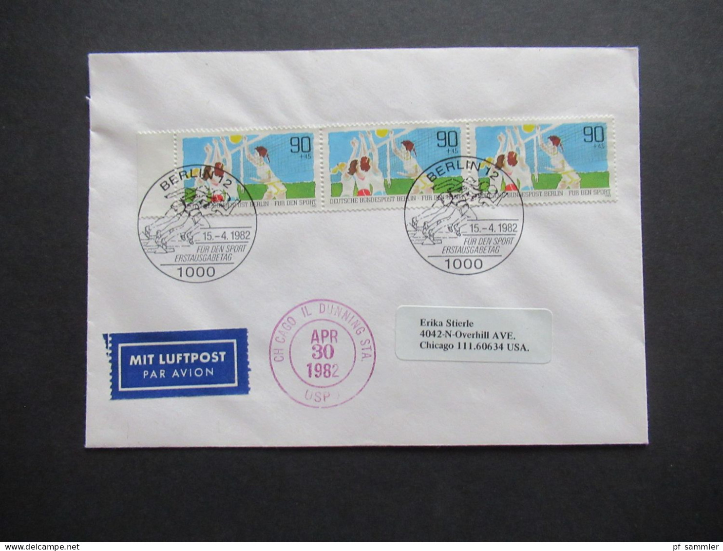 Berlin 1982 Sporthilfe Nr.665 (3) Als 3er Streifen Bogenrand MeF Auslandsbrief Mit Luftpost Berlin 12 Nach Chicago USA - Briefe U. Dokumente