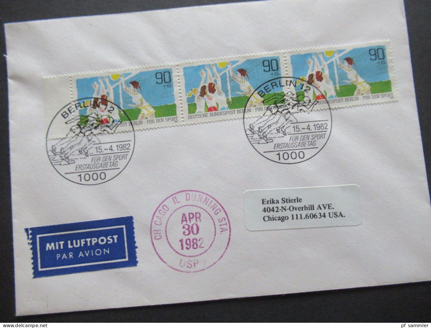 Berlin 1982 Sporthilfe Nr.665 (3) Als 3er Streifen Bogenrand MeF Auslandsbrief Mit Luftpost Berlin 12 Nach Chicago USA - Storia Postale