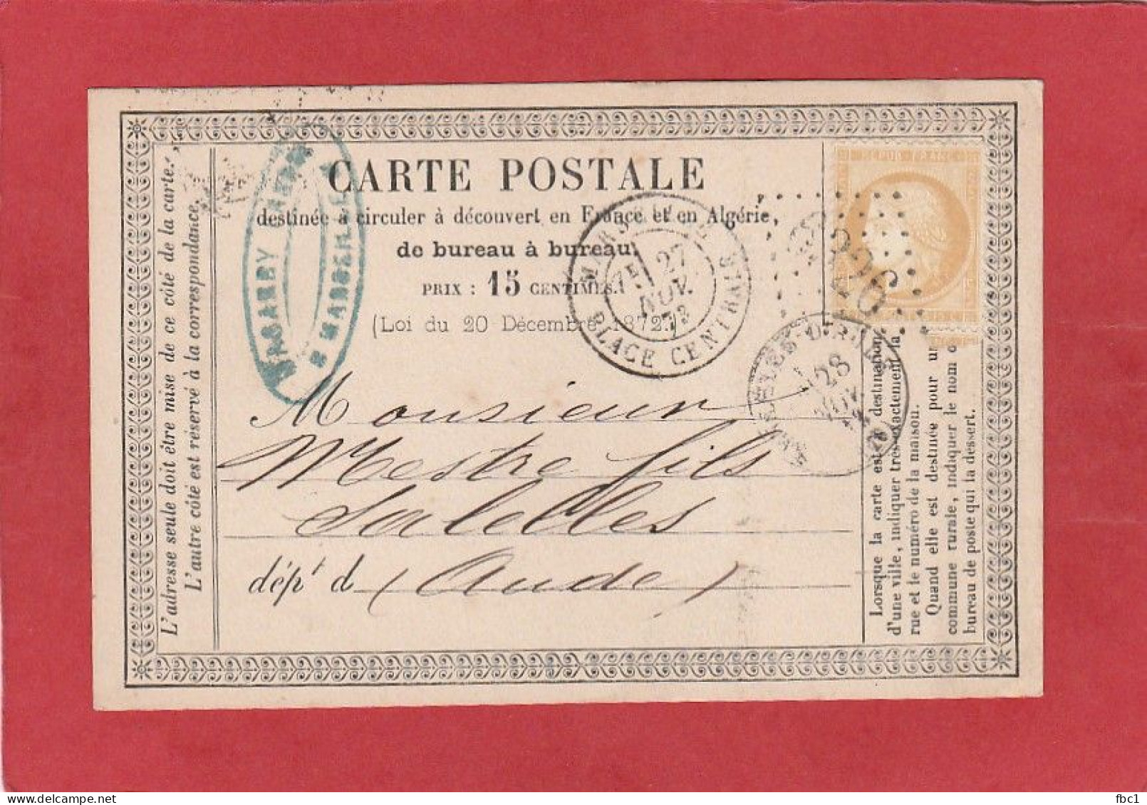 Carte Postale - Marseille Place Centrale GC 6326 Sur Cérès 15C Vers Salelles (Aude) 1873 - Cartes Précurseurs