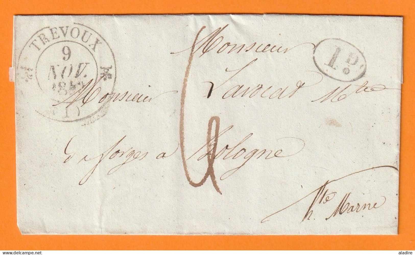 1842 - Enveloppe Pliée De Trevoux, Ain, Simples Fleurons Vers Bologne, Haute Marne - Décime Rural - Cad Transit - Taxe - 1801-1848: Précurseurs XIX