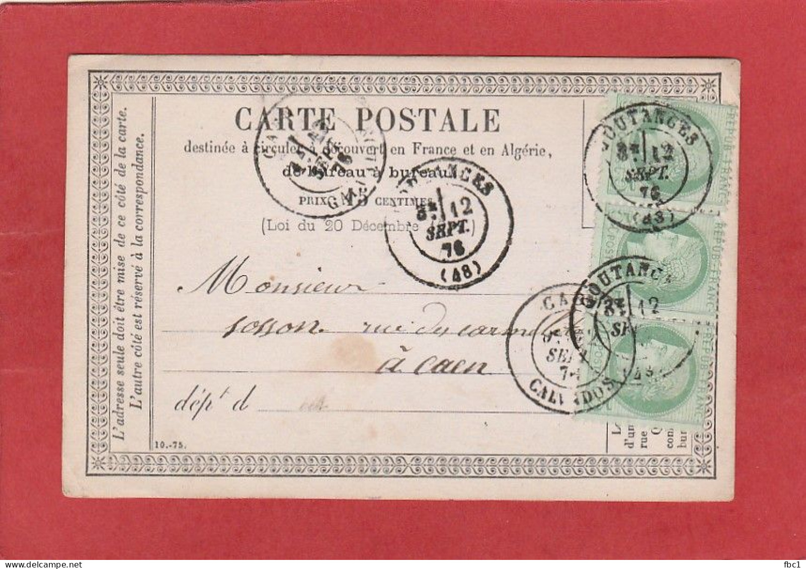 Carte Postale - Coutances (Manche) Bande De 3 Cérès N°53 5C Vers Caen 1876 - Cartes Précurseurs