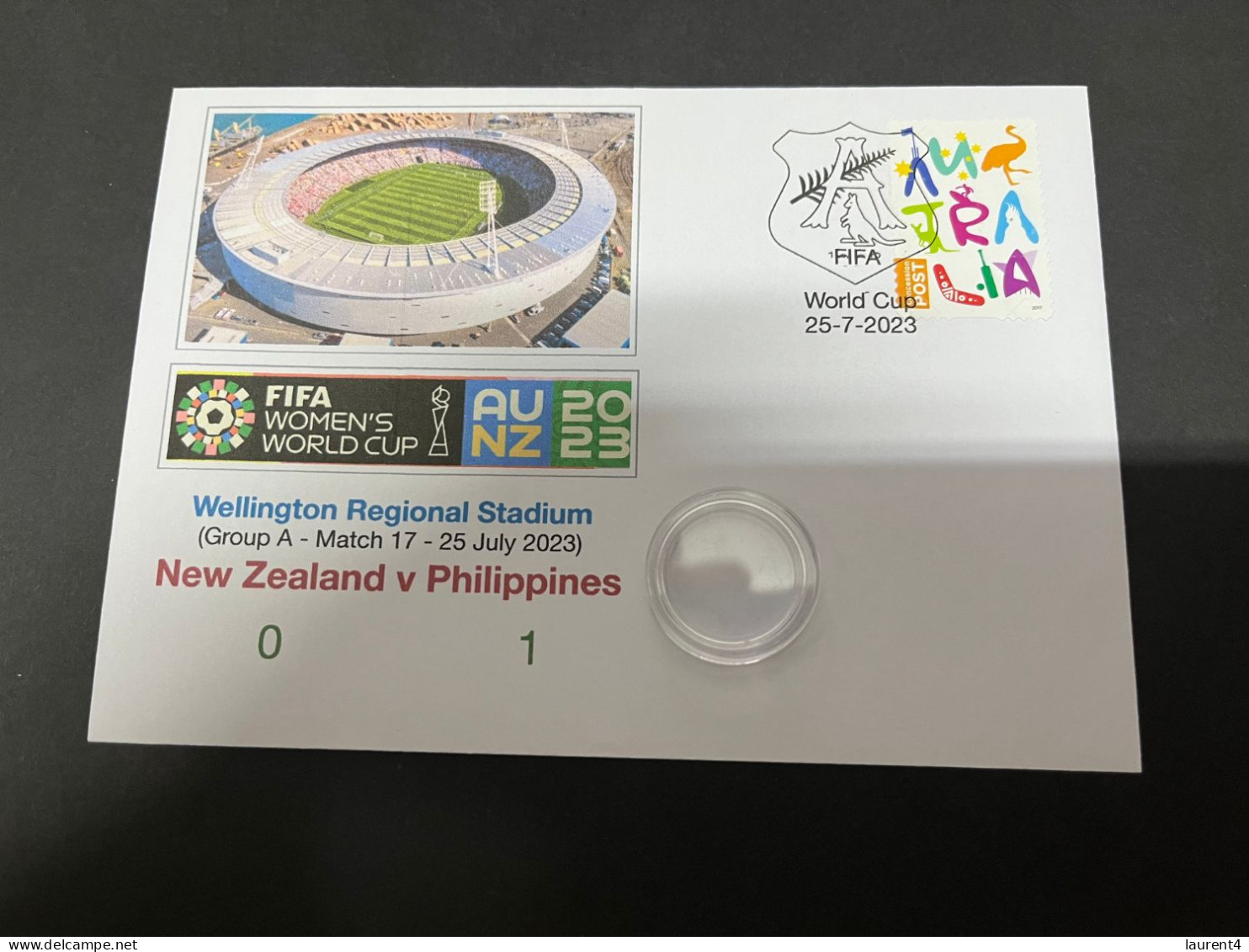 25-7-2023 (3 S 44) FIFA Women's Football World Cup Match 17 (stamp + Coin) New Zealand (0) V Philippines (1) - 2 Dollars