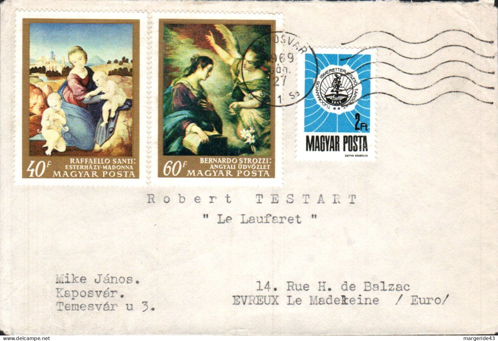 HONGRIE AFFRANCHISSEMENT COMPOSE SUR LETTRE POUR LA FRANCE 1969 - Storia Postale