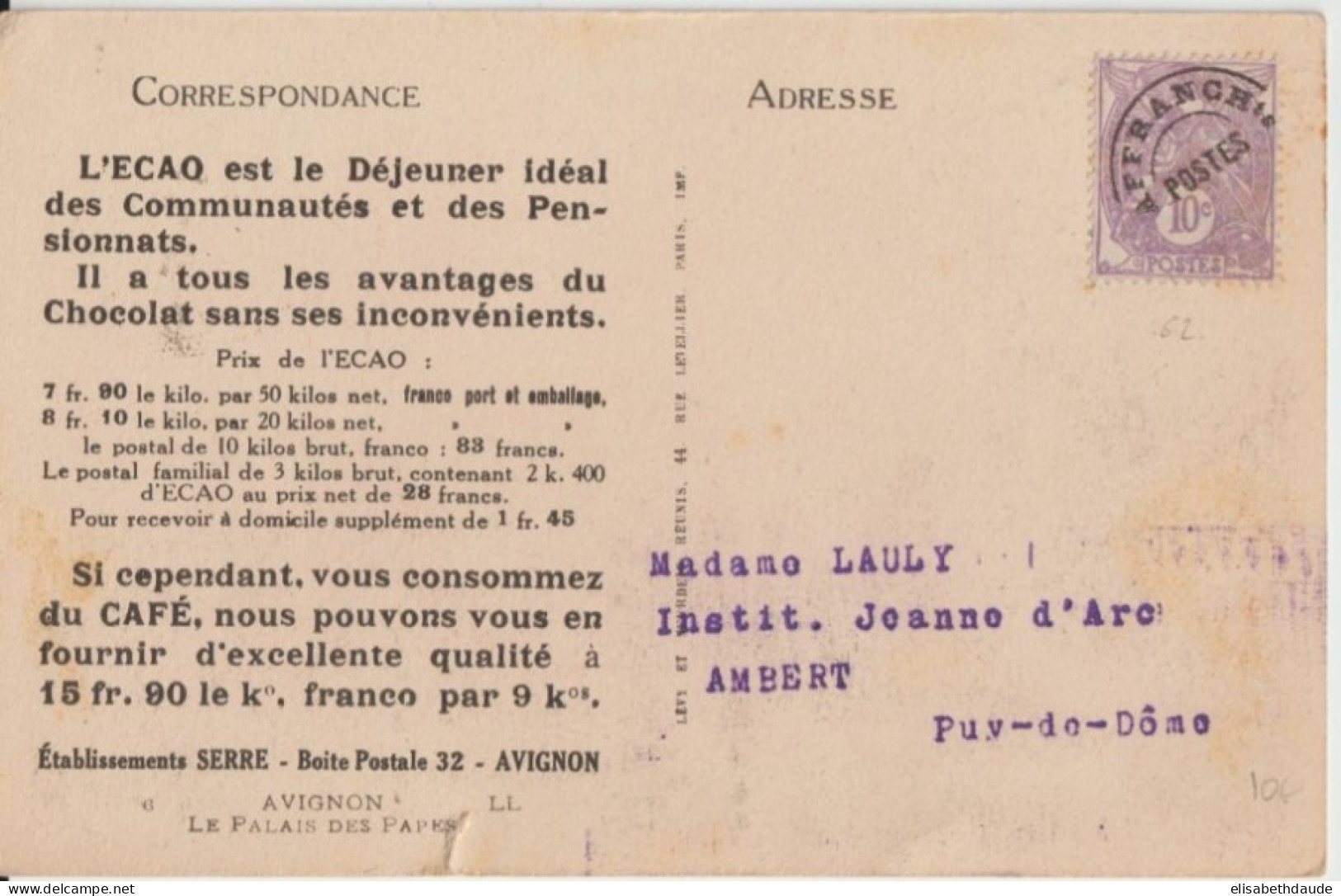 TYPE BLANC PREOBLITERE ! / CARTE PUB "ECAO / CAFE " à AVIGNON (VAUCLUSE) => AMBERT - 1900-29 Blanc