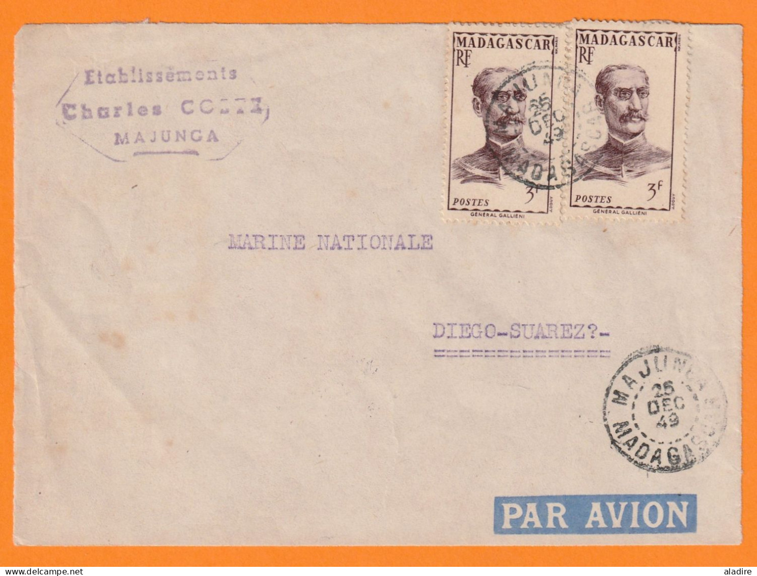 1949 - Devant D' Enveloppe Par Avion De Majunga Vers Diego Suarez - 3 F Gal Duchesne X 2 - Covers & Documents