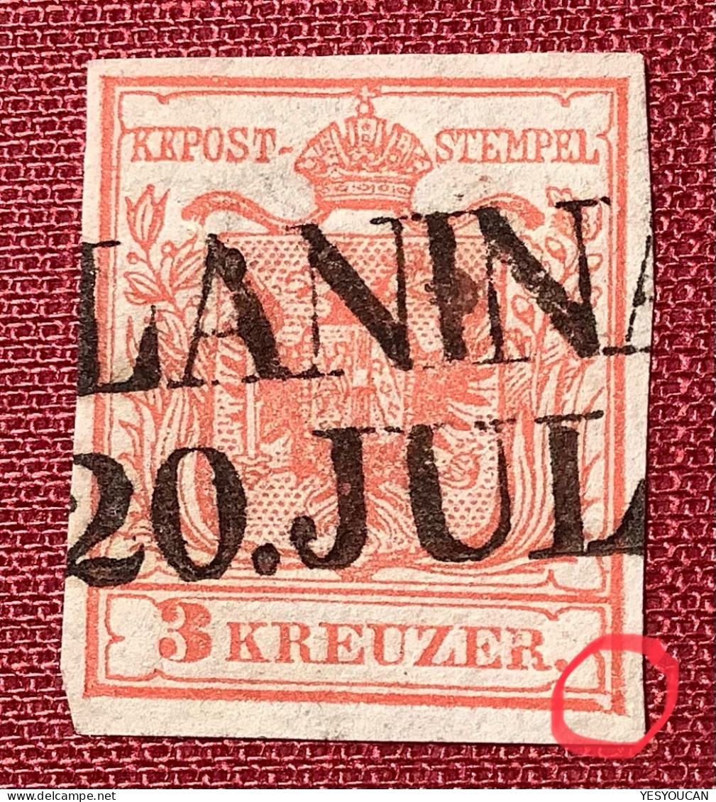 PLATTENFEHLER / PLATE FLAW Österreich 1850 3Kr FEINSTDRUCK IIIa HP Gestempelt (Austria Variety Autriche Variété Abart - Usati