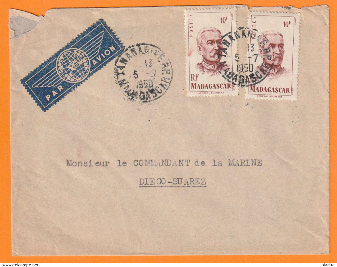 1950 - Enveloppe Par Avion De Tananarive Vers Diego Suarez - 10 F Général Duchesne X 2 - Cad Arrivée - Lettres & Documents