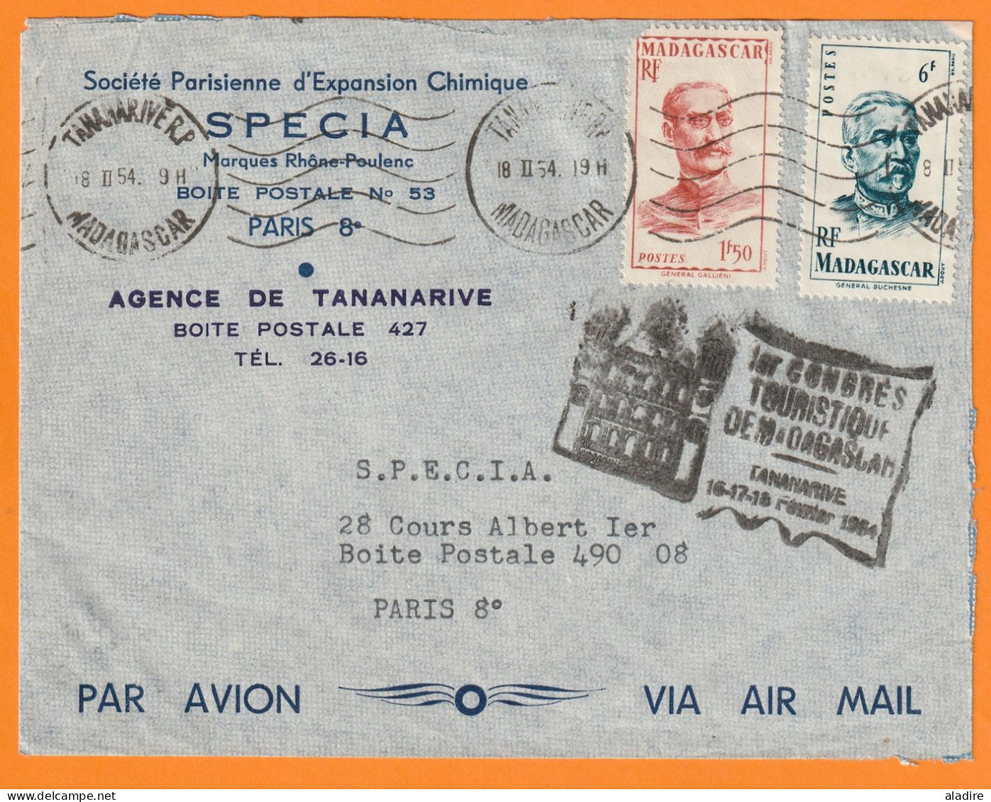 1954 - Enveloppe Par Avion De Tananarive Vers Paris - 6 F Gal Duchesne + 1 F 50 Gal Galliéni - Congrès Touristique - Covers & Documents