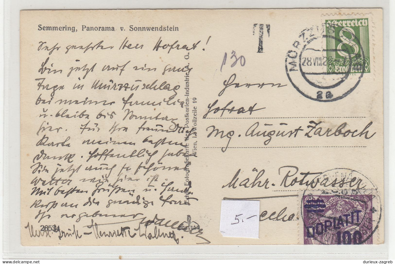 Semmering Old Postcard Posted 1928 To Czechoslovakia - Taxed B230801 - Semmering