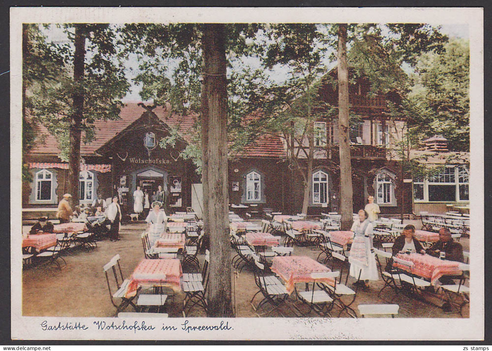 Gaststätte Witschofska Im Spreewald Farblichtdruckkarte SoSt. Lübbenau Tracht Spreewälderin Auf Boot, 1951 - Luebbenau