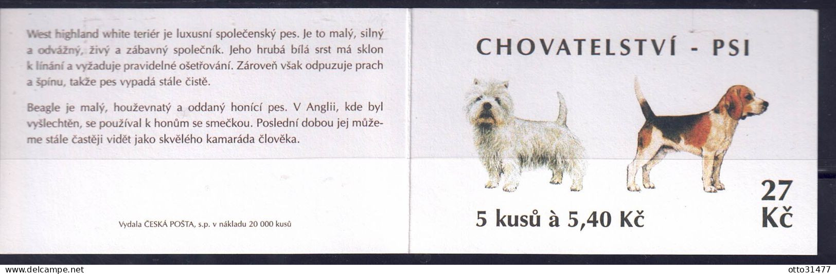 Tschechei 2001 - Hunde, MH 96 (mit 3 X Nr. 297 Und 2 X Nr. 298), Postfrisch ** / MNH - Nuevos