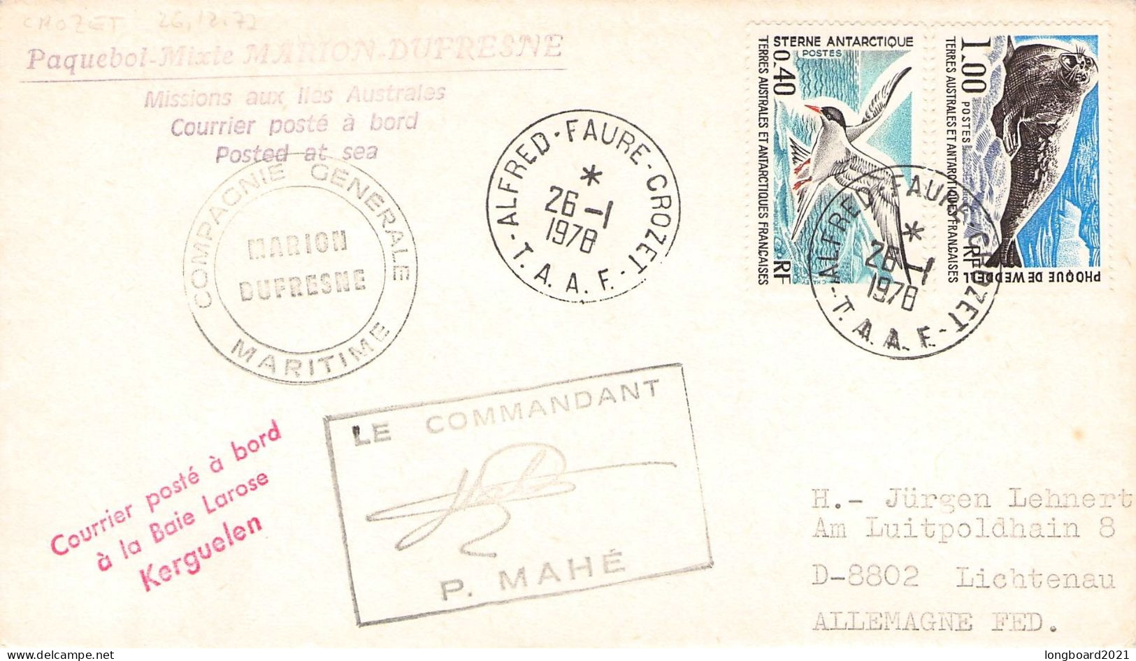 TAAF - LETTER 1978 ALFRED-FAURE-CROZET - DE Mi 103, 106 / *1095 - Brieven En Documenten