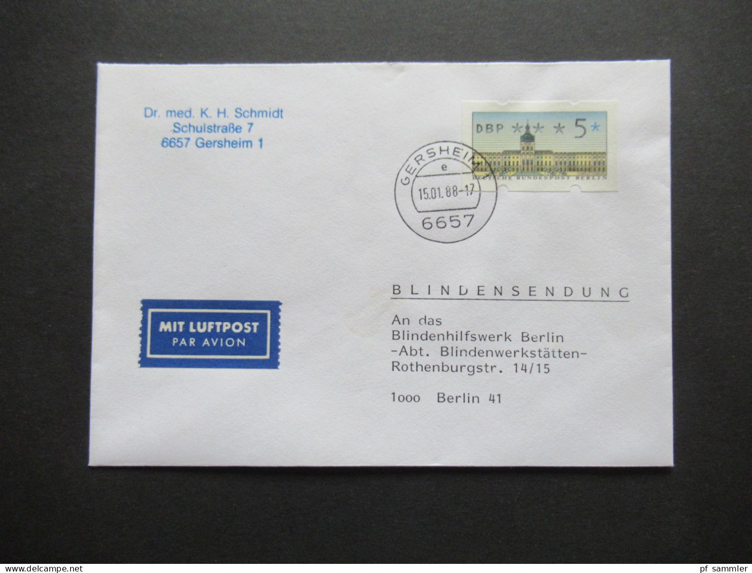 Berlin 1988 ATM 5 PF EF!! Blindensendung Mit Luftpost Gersheim - Berlin (nur Die Luftpostgebühr!) RR Seltene Portostufe! - Covers & Documents