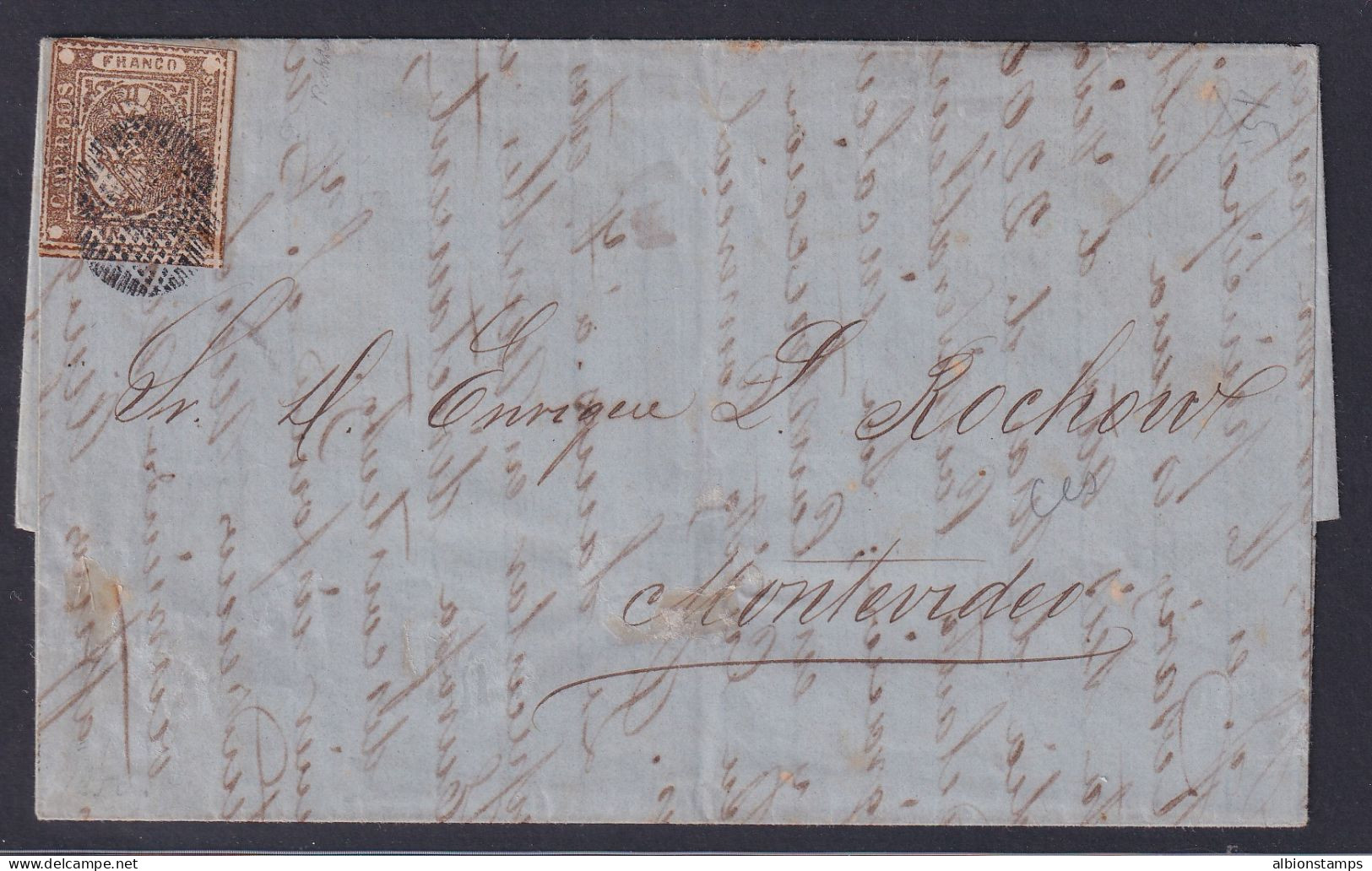 Buenos Aires (Argentina), Scott 1 Tied On 1858 Folded Letter To URUGUAY, W/ RPSL - Buenos Aires (1858-1864)