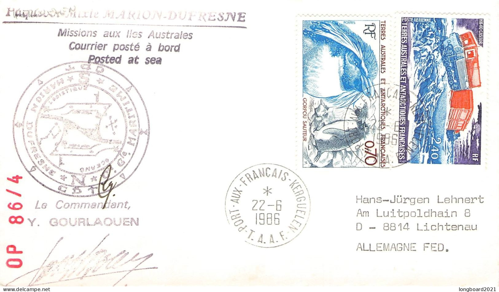 TAAF - LETTER 1986 PORT-AUX-FRANCAIS - DE Mi 154, 185 / *1103 - Cartas & Documentos